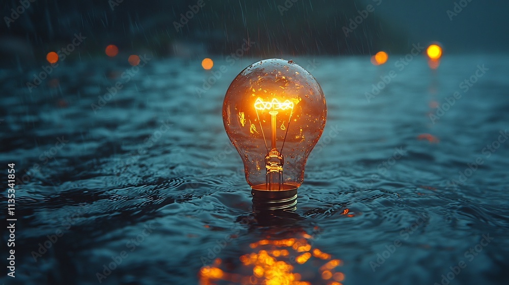 Poster glowing lightbulb submerged in rippling water symbolizing the spark of an idea