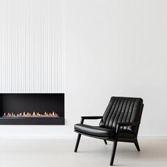 Elegant leather chair beside a modern fireplace, promoting indulgence, minimalist luxury