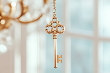 Elegant key hanging amidst soft floral decor and natural light