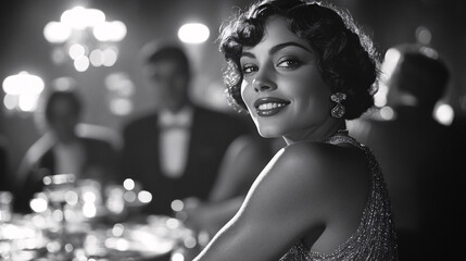 black and white, 35mm, cinemascope, documentary photo from cabaret, woman in flapper dress, roaring 20s, jazz age