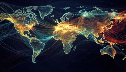 A detailed map showing global shipping routes and distribution hubs, illustrating the complexities the worldwide supply chain.
