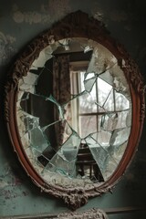 Obraz premium Shattered ornate mirror reflects decaying room.
