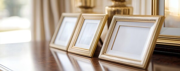 Gilded photo frames on a rich mahogany desk, promoting indulgence, classic sophistication