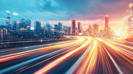Fototapeta premium Dynamic cityscape at dusk with light trails from moving vehicles.