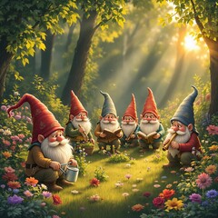 Enchanted gathering of gnomes in a vibrant forest clearing filled with flowers and golden sunlight. Generative AI
