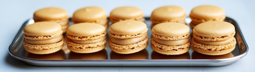Gold-flecked macarons on a polished silver tray, promoting indulgence, delicate luxury