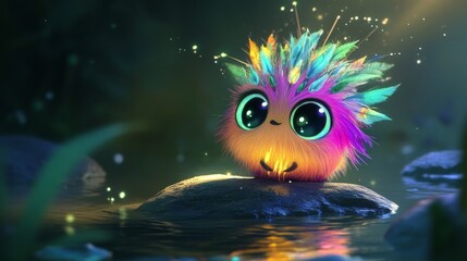 Fototapeta premium Whimsical spiky creature with radiant rainbow fur and twinkling eyes, glowing on a river rock amidst soft ambient lighting. Ideal for fantasy and magical worlds.. AI Generation