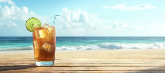 Refreshing Iced Tea on a Sunny Beach with Ocean View for Summer Vacations