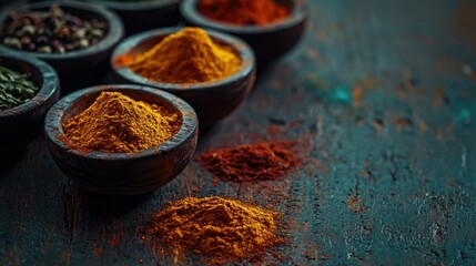 Vibrant Spices Arrangement: Paprika, Turmeric, and Cumin for Rustic Culinary Design