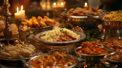 A magnificent table filled with traditional cuisine, including rice, curries, pastries, and sweets, elegantly arranged in silver platters and glowing under candlelight.. AI Generation