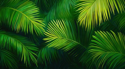   Painting of palm leaves against black canvas with blue sky background