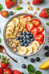 Bright Smoothie Bowl Featuring Fresh Fruit and Granola on Marble Background for Healthy Living