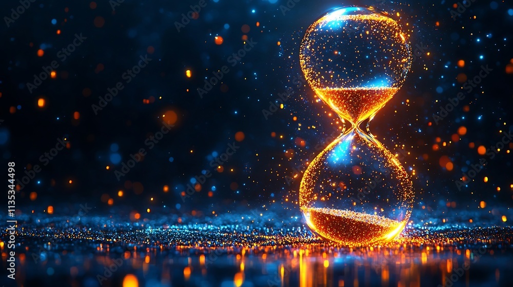 Poster glowing hourglass with upward flowing digital particles symbolizing reversed time and power