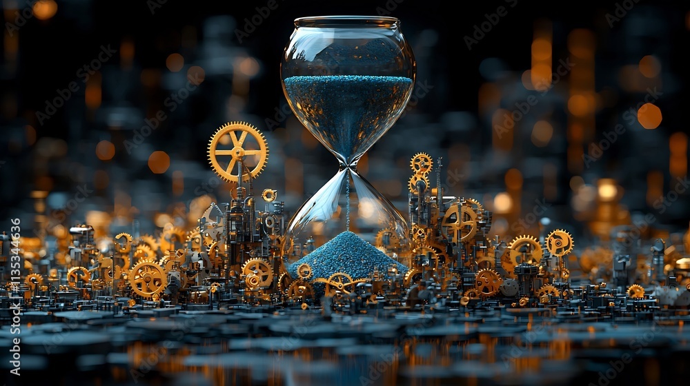 Poster Mechanical Hourglass Filled with Gears and Clockwork Mechanisms Symbolizing Precision of Time
