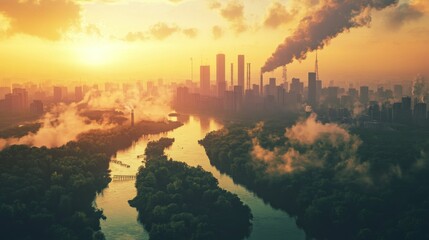 Fototapeta premium Smog-shrouded city at sunset, river flows through green landscape.