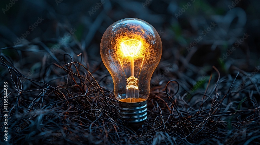 Poster glowing lightbulb illuminating through tangled wires symbolic idea concept