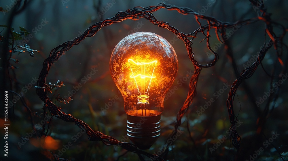 Poster glowing lightbulb amidst tangled wires symbolizing idea discovery amid complexity