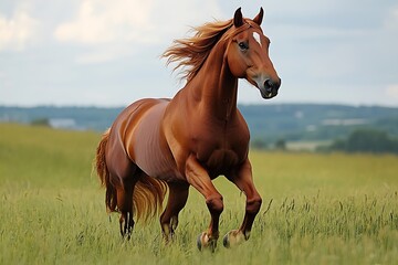 Fototapeta premium Chestnut horse cantering through wide open field mane blowing in the wind green pasture in summer