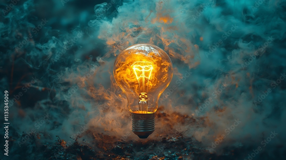 Poster glowing lightbulb in swirling mist symbolizing fragile idea concept