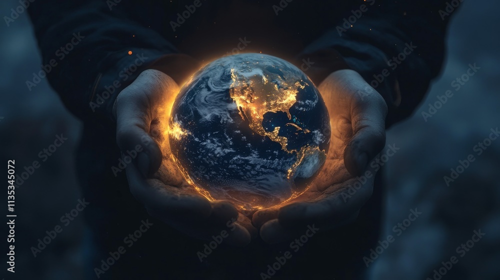 Poster digital art of hands presenting a glowing earth, emphasizing illuminated continents under a soft cos