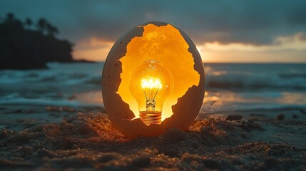 Glowing Lightbulb Emerging from Cracked Egg   Symbol of New Ideas Breaking Through