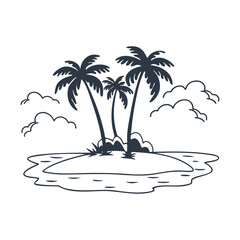 Island with palm trees in the ocean. Summer landscape. Monochrome illustration. Sketch