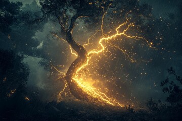 Obraz premium Glowing energy flows through a rain-swept forest tree.
