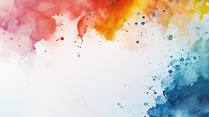Obraz premium Colorful watercolor background with paintbrush and colorpots on white paper, copy space for text. Artistic creative design template. Watercolour painting. Color splashes, brush strokes. Flat lay
