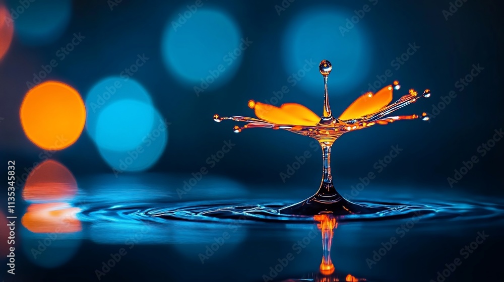 Poster orange water drop collision creating a crown shape against a bokeh background.