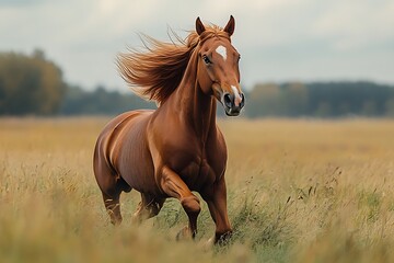 Obraz premium Chestnut horse cantering through wide open field mane blowing in the wind green pasture in summer