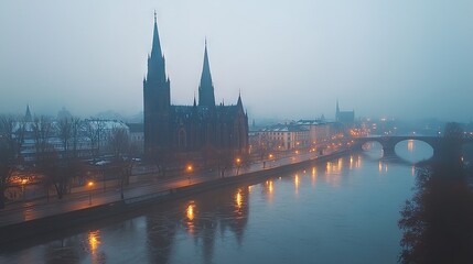 Fototapeta premium Foggy cityscape with a river, illuminated buildings, and a bridge at dusk.