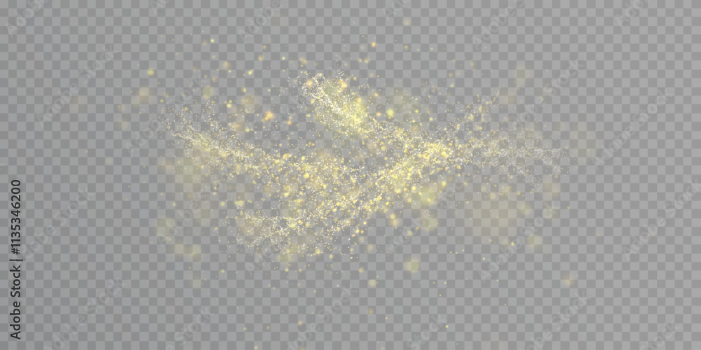 Poster Golden bright dust of light bokeh and glitter. Festive glowing bokeh and sparkles overlay texture for your design on transparent background. Golden particles abstract vector background.