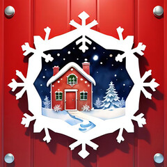Naklejka premium Festive Snowflake Wreath with Red Winter Cottage and Snowy Scene on Red Door, Perfect for Christmas Decor, Holiday Themes, and Seasonal Celebrations