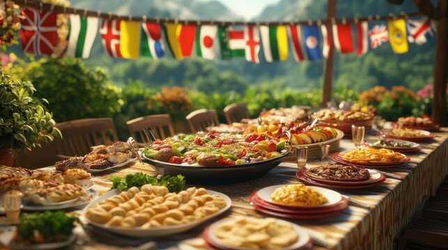 Delicious food from around the world served buffet style on a table outdoors with international flags hanging in the background