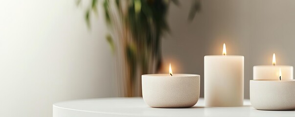 Scented candles glowing in a minimalist room, promoting indulgence, peaceful atmosphere