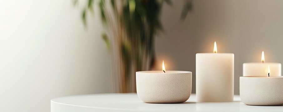 Scented candles glowing in a minimalist room, promoting indulgence, peaceful atmosphere