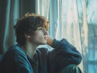A teenage boy gazes out the window at home, lost in thought, contemplating his future and the challenges he faces.