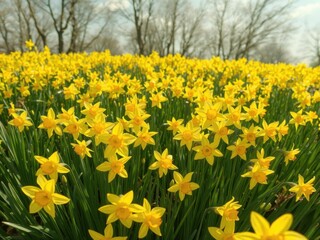 Sunlit field of vibrant yellow daffodils, swaying gently in the breeze, springtime beauty, cheerful, flowering