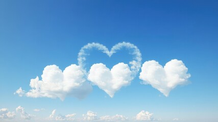 Three pristine white heart-shaped clouds drift serenely against a vibrant blue sky, romance,clean