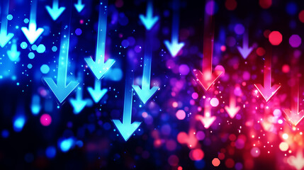 Glowing arrows descending in a vibrant and colorful abstract background symbolizing decline, challenges, and the dynamic flow of change