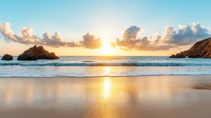 Fototapeta premium Golden Hour Serenity on a Secluded Coastal Beach