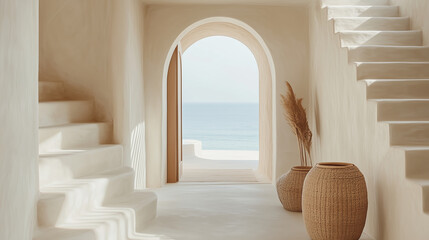 Mediterranean hallway with arched doorway and ocean view
