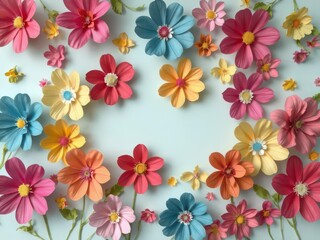 Obraz premium Vibrant handmade paper flowers, diverse colors, light blue backdrop, central empty space, blue background,cardmaking,copy space