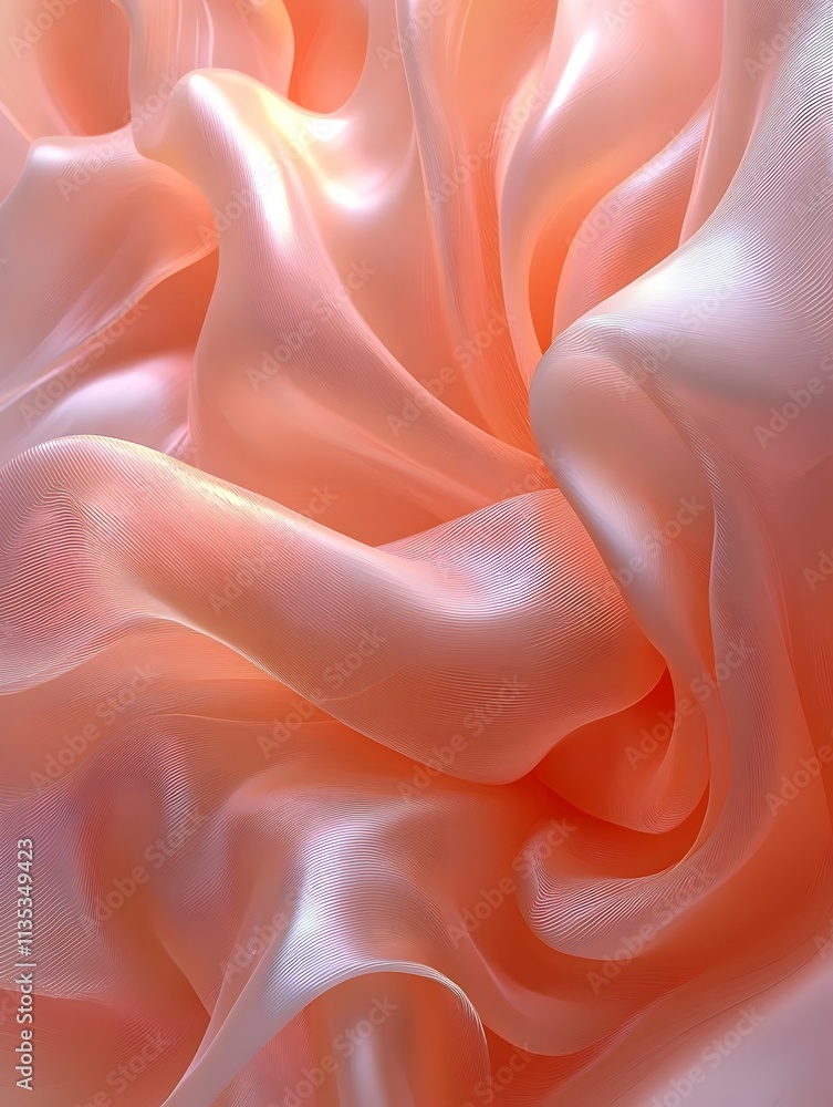 Poster an abstract close-up of flowing, translucent fabric in soft peach tones, creating gentle waves and f