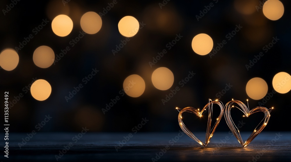 Poster two illuminated hearts on dark background with bokeh lights.