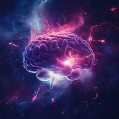 A vibrant brain in outer space, glowing with energy and cosmic nebulae.