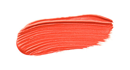 Bright lipstick isolated on white, top view. Sample of cosmetic product