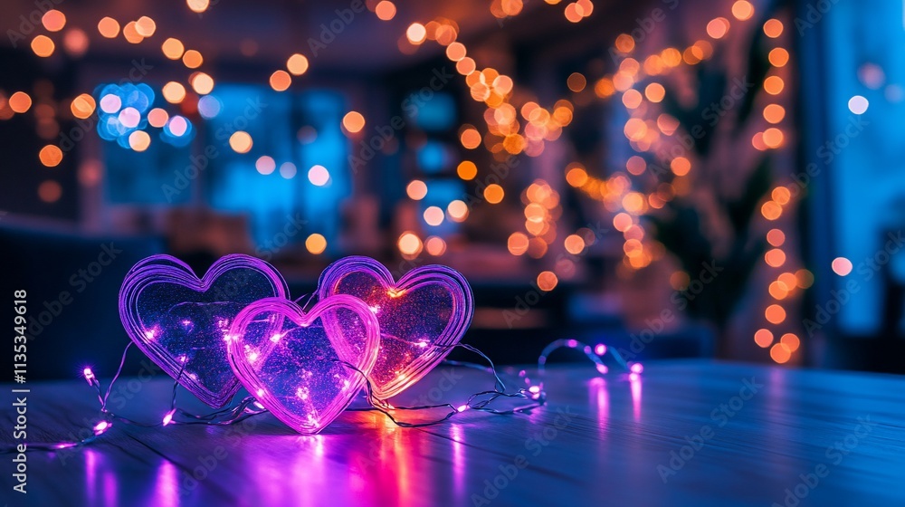 Poster two illuminated hearts on table with bokeh lights.