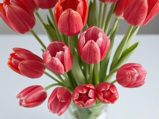 Fototapeta premium Vibrant red and pink tulips in a glass vase, close-up, vibrant, nature