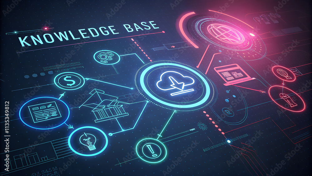 Poster digital knowledge base connecting various data points through vibrant graphical representations and 